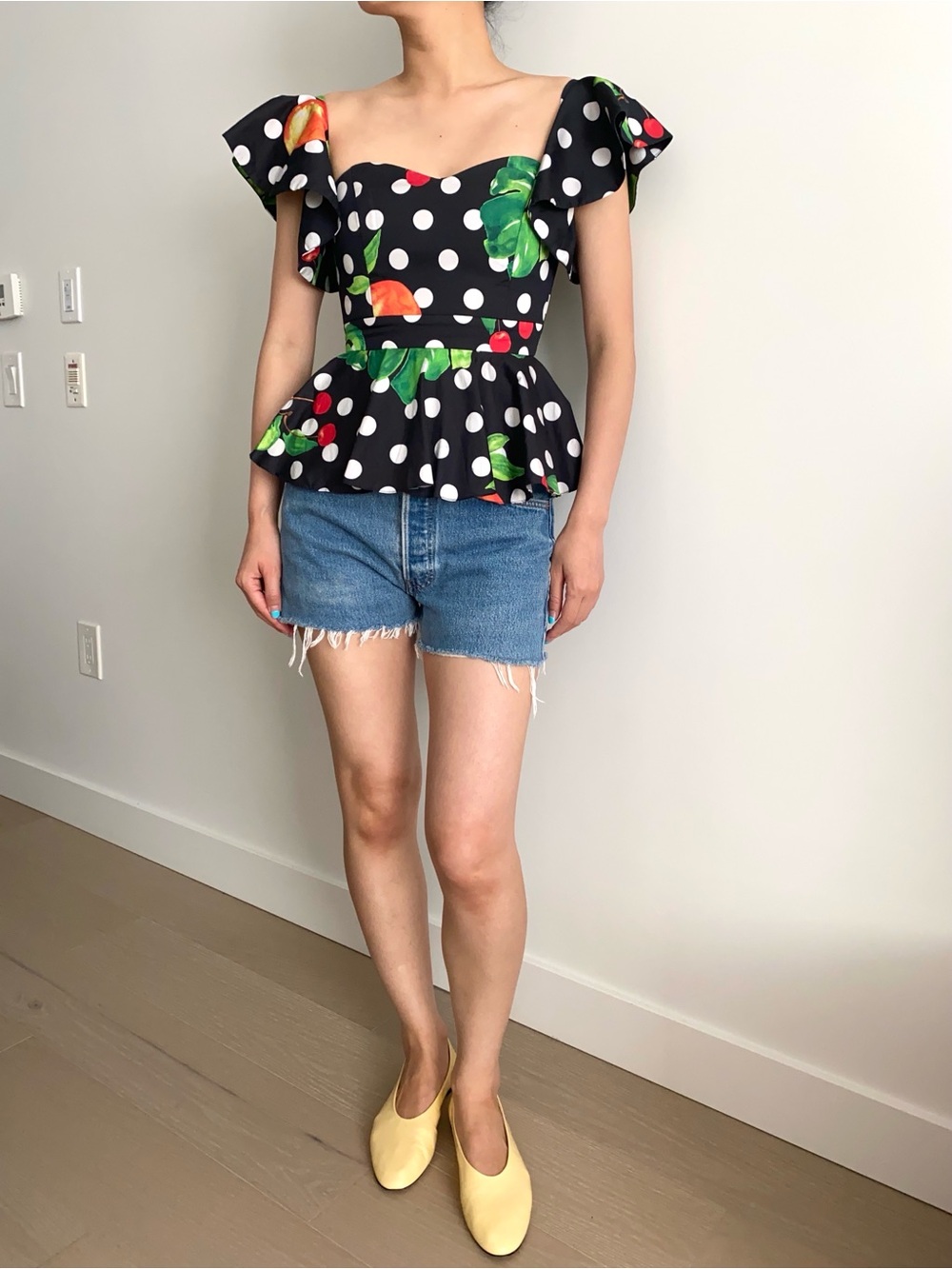 Caroline Constas polka dot fruit bustier blouse